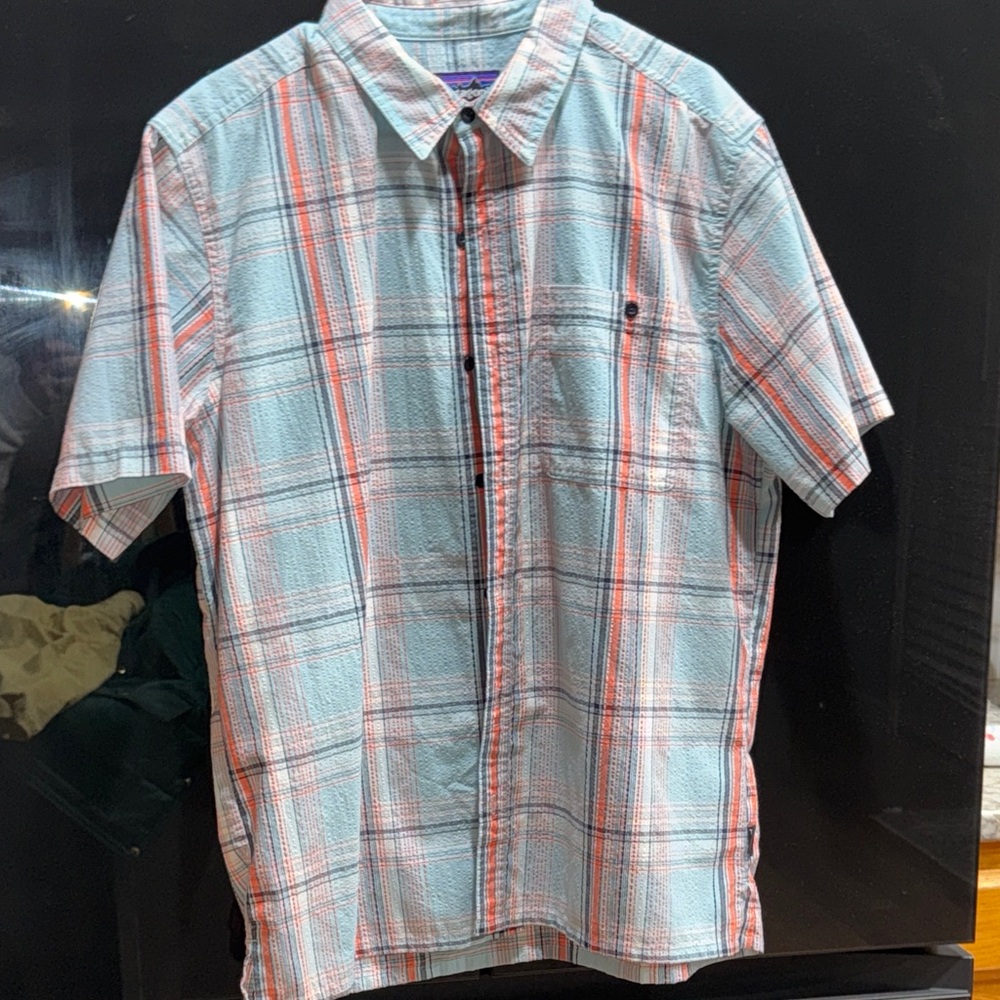 Patagonia Men's Casual Plaid Shirt - Light Blue and Red